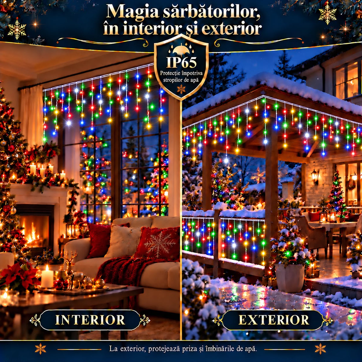 Instalatie de Craciun tip Turturi Flash, Multicolori cu Flash Alb rece , 25 m, 600 LED-uri, Franjuri 50/60/70 cm, Fir Alb Gros 2.0, Interconectabili, IP65, Interior/Exterior