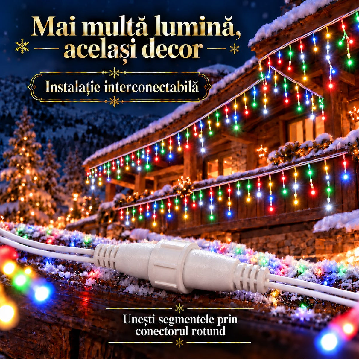 Instalatie de Craciun tip Turturi Flash, Multicolori cu Flash Alb rece , 25 m, 600 LED-uri, Franjuri 50/60/70 cm, Fir Alb Gros 2.0, Interconectabili, IP65, Interior/Exterior