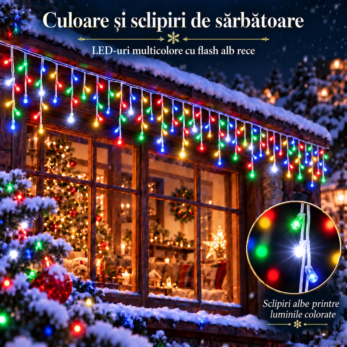 Instalatie de Craciun tip Turturi Flash, Multicolori cu Flash Alb rece , 25 m, 600 LED-uri, Franjuri 50/60/70 cm, Fir Alb Gros 2.0, Interconectabili, IP65, Interior/Exterior