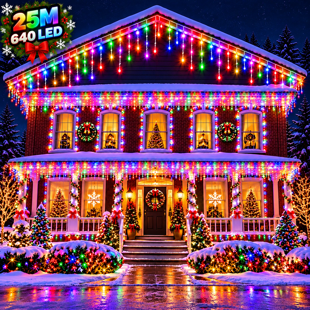 Instalatie Luminoasa de Craciun Tip Turturi, 25 m, 640 LED-uri Multicolore, Interconectabila, 8 Moduri de Iluminare, IP44, Alimentare 220V, pentru Casa, Balcon, Terasa si Exterior