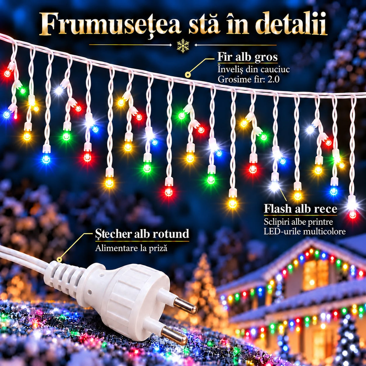 Instalatie de Craciun tip Turturi Flash, Multicolori cu Flash Alb rece , 25 m, 600 LED-uri, Franjuri 50/60/70 cm, Fir Alb Gros 2.0, Interconectabili, IP65, Interior/Exterior