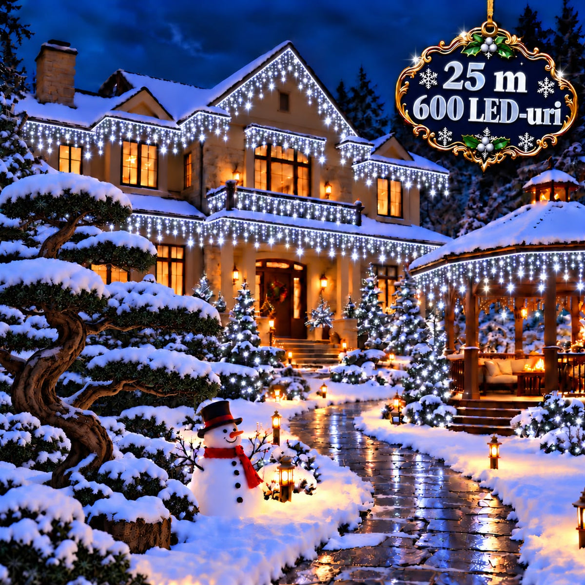 Instalatie de Craciun tip Turturi Flash, Alb rece cu Flash Alb rece , 25 m, 600 LED-uri, Franjuri 50/60/70 cm, Fir Alb Gros 2.0, Interconectabili, IP65, Interior/Exterior