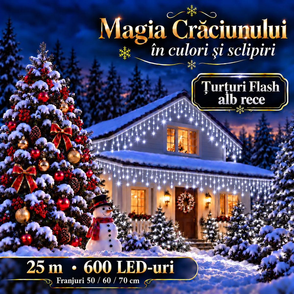 Instalatie de Craciun tip Turturi Flash, Alb rece cu Flash Alb rece , 25 m, 600 LED-uri, Franjuri 50/60/70 cm, Fir Alb Gros 2.0, Interconectabili, IP65, Interior/Exterior