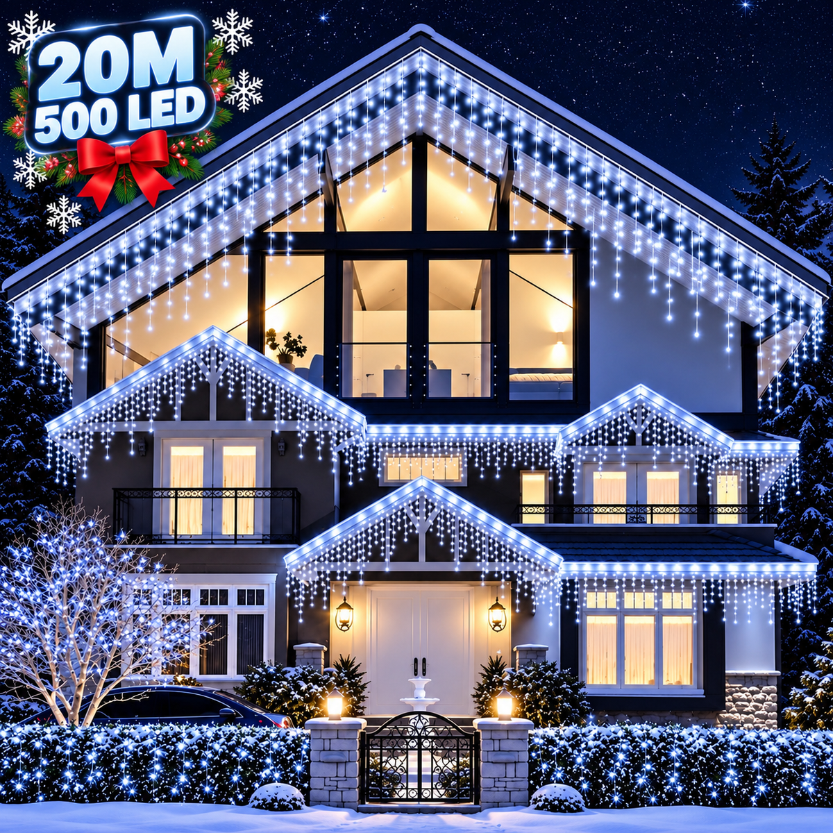 Instalatie Luminoasa de Craciun Tip Turturi, 20 m, 500 LED-uri Alb Rece, Interconectabila, 8 Moduri de Iluminare, IP44, Alimentare 220V, pentru Casa, Balcon, Terasa si Exterior