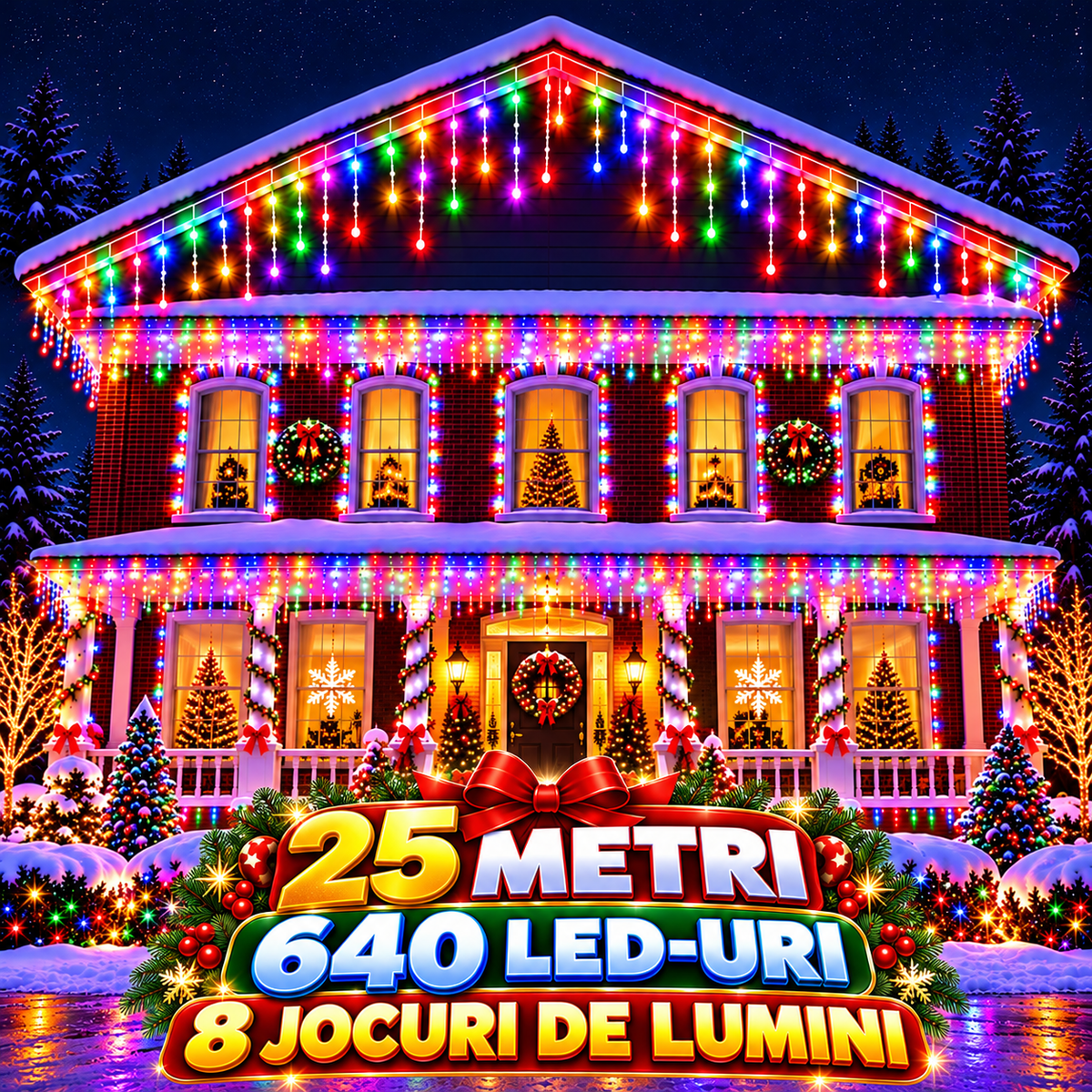 Instalatie Luminoasa de Craciun Tip Turturi, 25 m, 640 LED-uri Multicolore, Interconectabila, 8 Moduri de Iluminare, IP44, Alimentare 220V, pentru Casa, Balcon, Terasa si Exterior