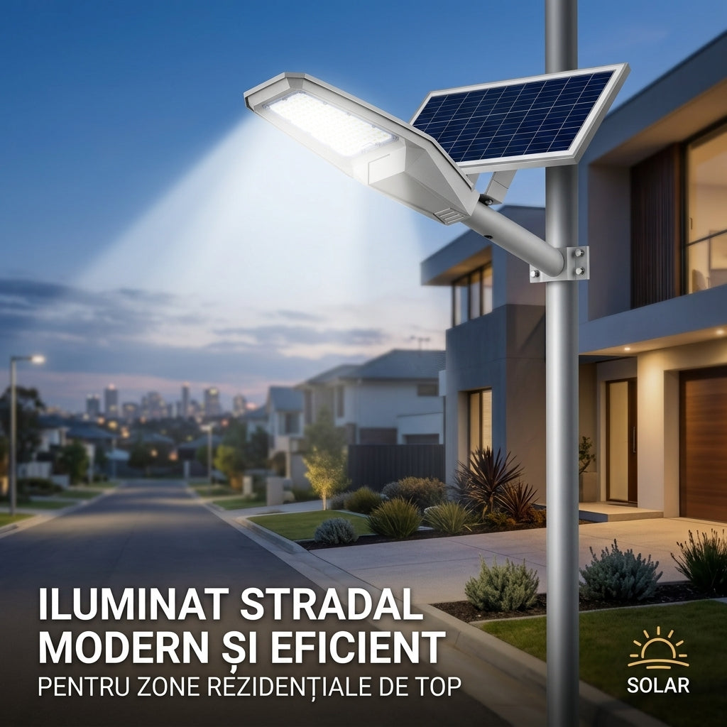 Lampa Solara Stradala Aluminiu Warship, 400W, Acumulator 30000 mAh, Telecomanda, Panou solar Aluminiu, Kit Montaj Inclus, Stalp metalic, Pentru Exterior, Gri