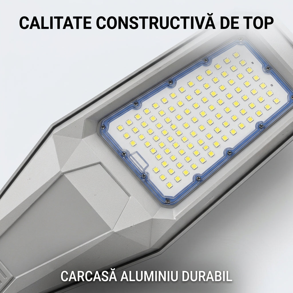 Lampa Solara Stradala Aluminiu Warship, 400W, Acumulator 30000 mAh, Telecomanda, Panou solar Aluminiu, Kit Montaj Inclus, Stalp metalic, Pentru Exterior, Gri