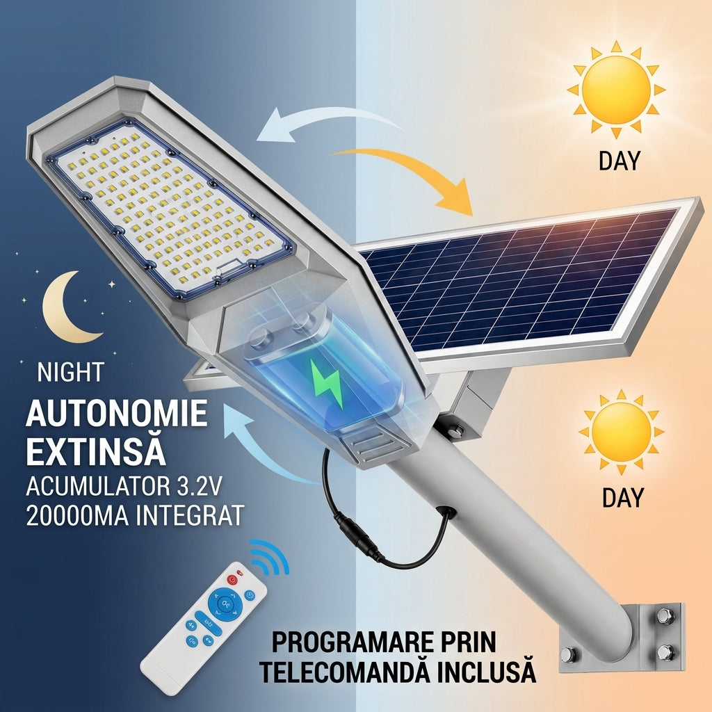 Lampa Solara Stradala Aluminiu Warship, 400W, Acumulator 30000 mAh, Telecomanda, Panou solar Aluminiu, Kit Montaj Inclus, Stalp metalic, Pentru Exterior, Gri