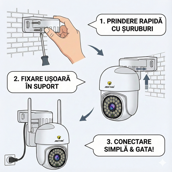 Camera de Supraveghere WiFi Jortan 8161, 2MP Full HD 1080P, PTZ 355°, Exterior IP66, Vedere Nocturna Color, Audio Bidirectional, Aplicatie Yoosee, Card MicroSD 32GB Inclus