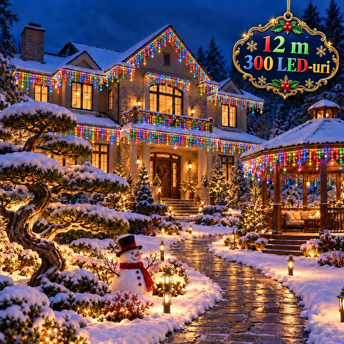 Instalatie de Craciun tip Turturi Flash, Multicolori cu Flash Alb Rece, 12 m, 300 LED-uri, Franjuri 50/60/70 cm, Fir Alb Gros 2.0, Interconectabili, IP65, Interior/Exterior