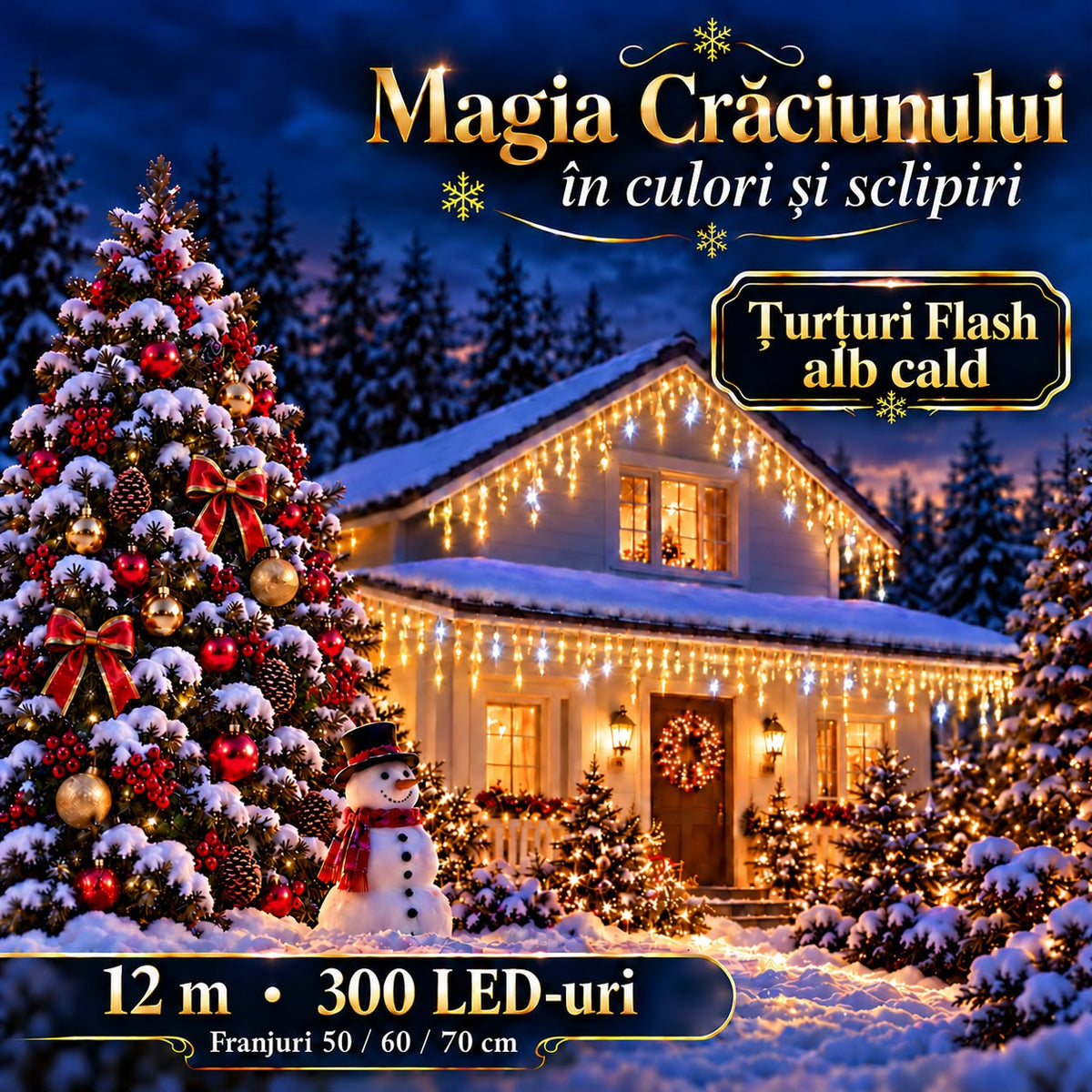 Instalatie de Craciun tip Turturi Flash, Alb Cald cu Flash Alb Rece, 12 m, 300 LED-uri, Franjuri 50/60/70 cm, Fir Alb Gros 2.0, Interconectabili, IP65, Interior/Exterior