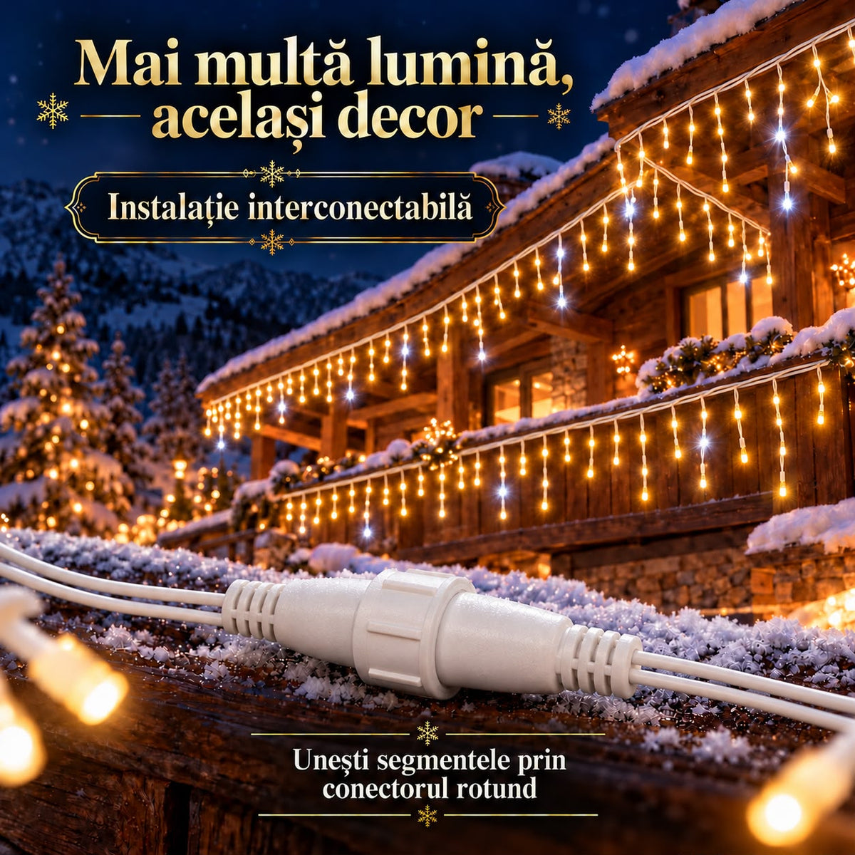 Instalatie de Craciun tip Turturi Flash, Alb Cald cu Flash Alb Rece, 12 m, 300 LED-uri, Franjuri 50/60/70 cm, Fir Alb Gros 2.0, Interconectabili, IP65, Interior/Exterior