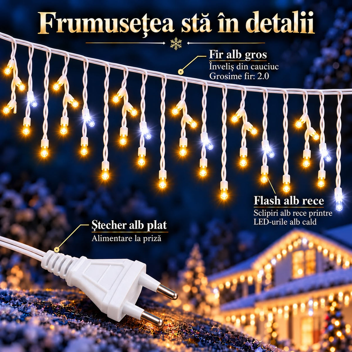 Instalatie de Craciun tip Turturi Flash, Alb Cald cu Flash Alb Rece, 12 m, 300 LED-uri, Franjuri 50/60/70 cm, Fir Alb Gros 2.0, Interconectabili, IP65, Interior/Exterior