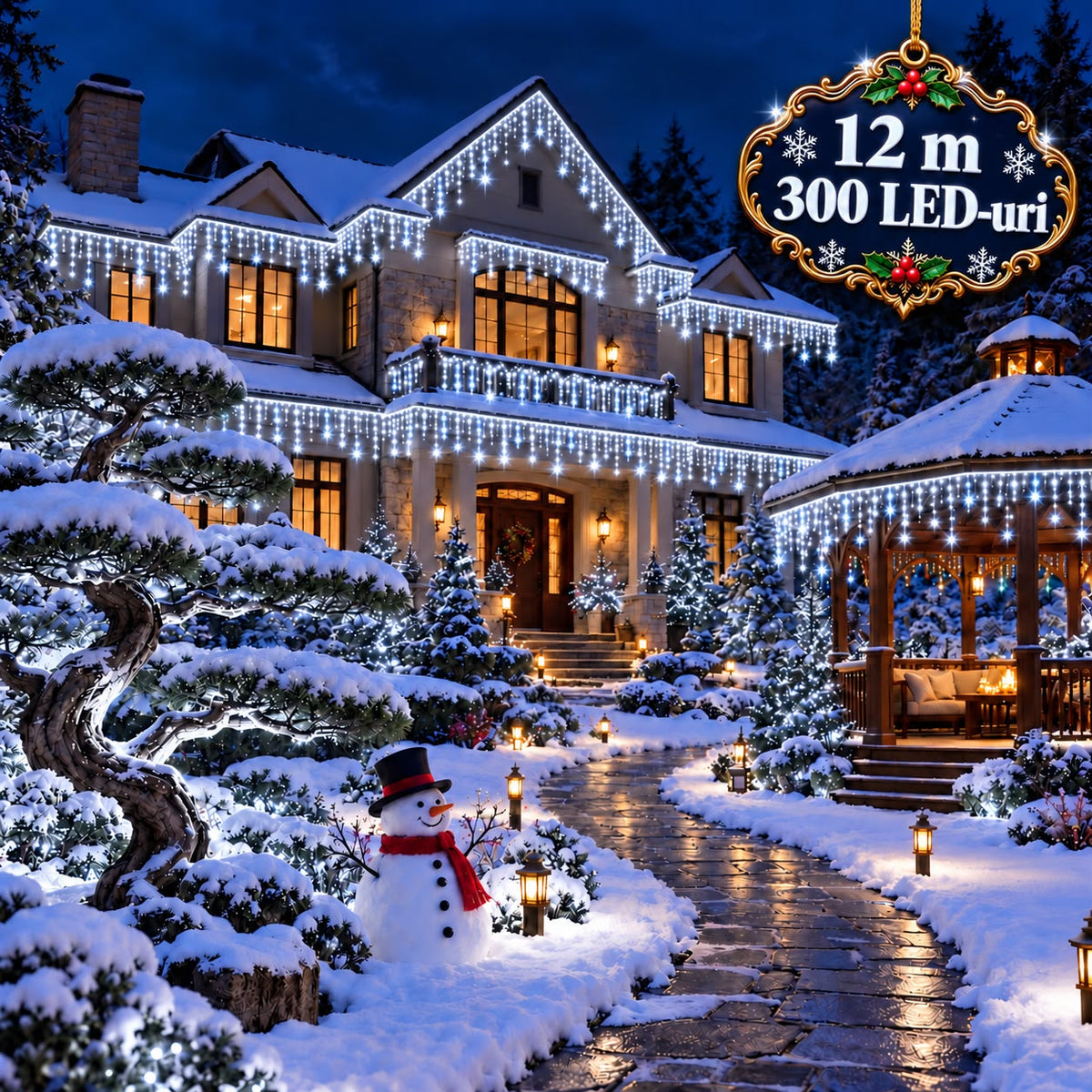Instalatie de Craciun tip Turturi Flash, Alb Rece cu Flash Alb rece, 12 m, 300 LED-uri, Franjuri 50/60/70 cm, Fir Alb Gros 2.0, Interconectabili, IP65, Interior/Exterior