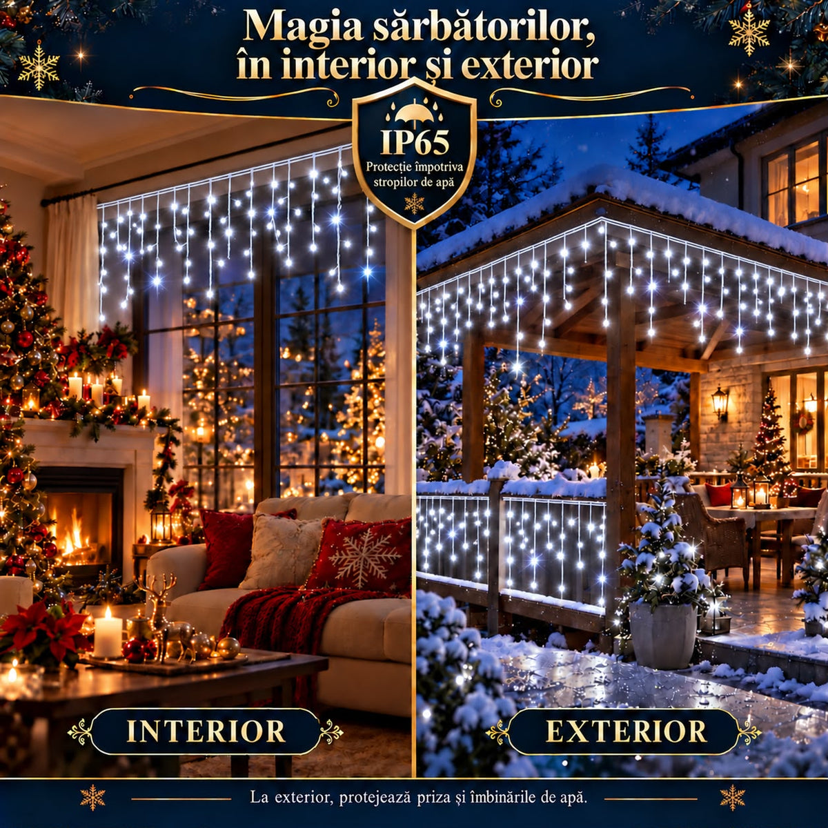Instalatie de Craciun tip Turturi Flash, Alb Rece cu Flash Alb rece, 12 m, 300 LED-uri, Franjuri 50/60/70 cm, Fir Alb Gros 2.0, Interconectabili, IP65, Interior/Exterior