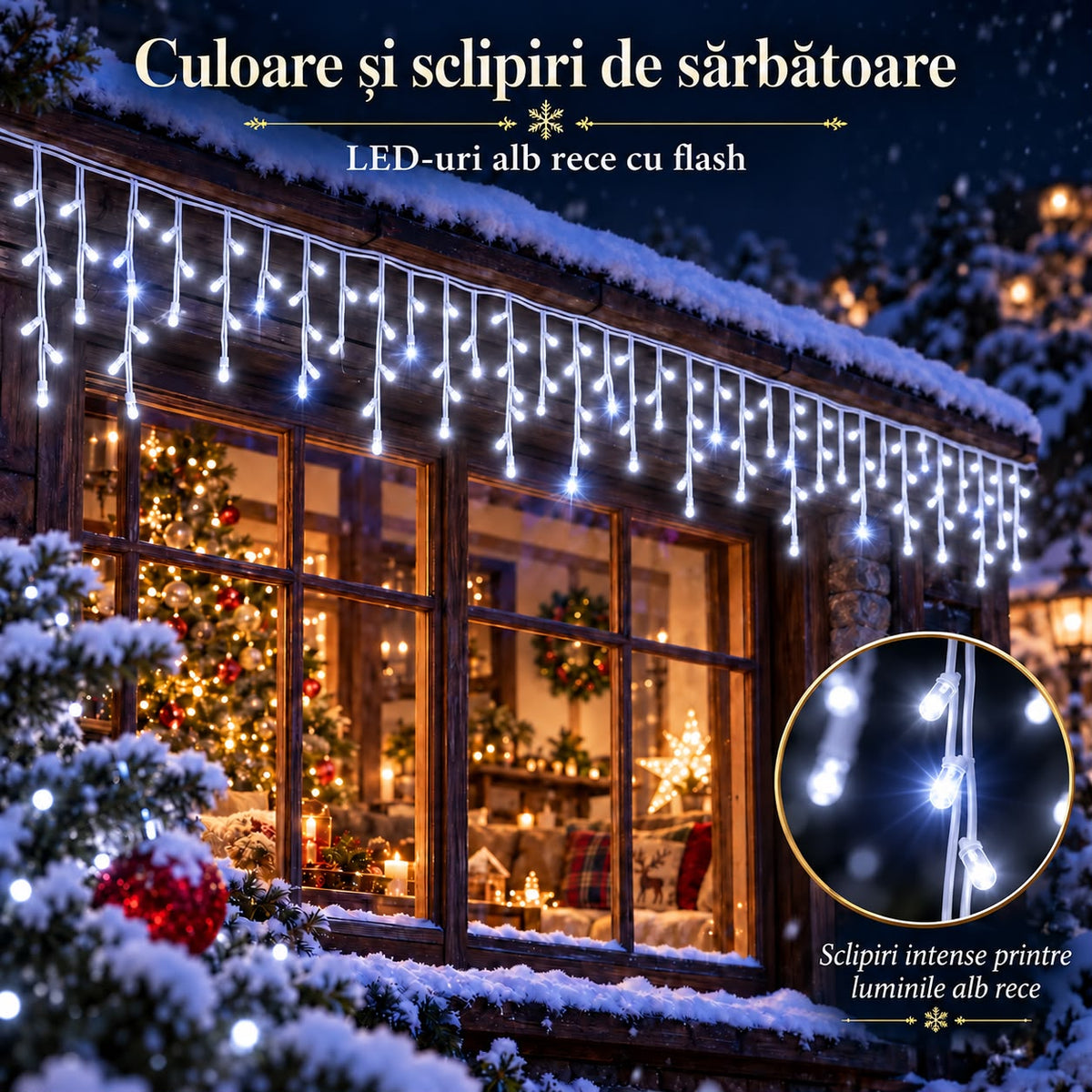 Instalatie de Craciun tip Turturi Flash, Alb Rece cu Flash Alb rece, 12 m, 300 LED-uri, Franjuri 50/60/70 cm, Fir Alb Gros 2.0, Interconectabili, IP65, Interior/Exterior