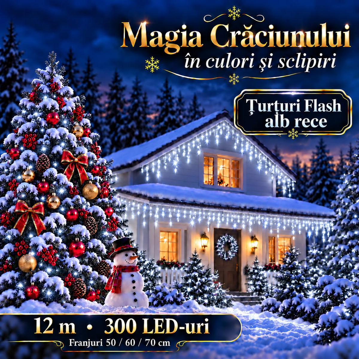 Instalatie de Craciun tip Turturi Flash, Alb Rece cu Flash Alb rece, 12 m, 300 LED-uri, Franjuri 50/60/70 cm, Fir Alb Gros 2.0, Interconectabili, IP65, Interior/Exterior