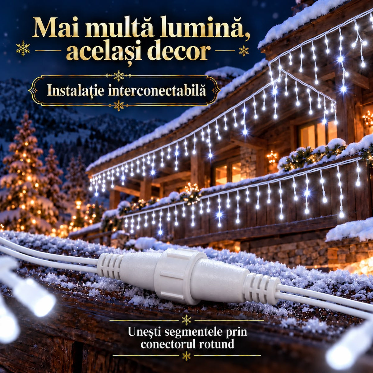 Instalatie de Craciun tip Turturi Flash, Alb Rece cu Flash Alb rece, 12 m, 300 LED-uri, Franjuri 50/60/70 cm, Fir Alb Gros 2.0, Interconectabili, IP65, Interior/Exterior