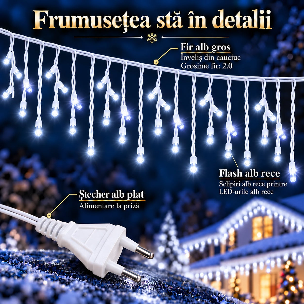 Instalatie de Craciun tip Turturi Flash, Alb Rece cu Flash Alb rece, 12 m, 300 LED-uri, Franjuri 50/60/70 cm, Fir Alb Gros 2.0, Interconectabili, IP65, Interior/Exterior