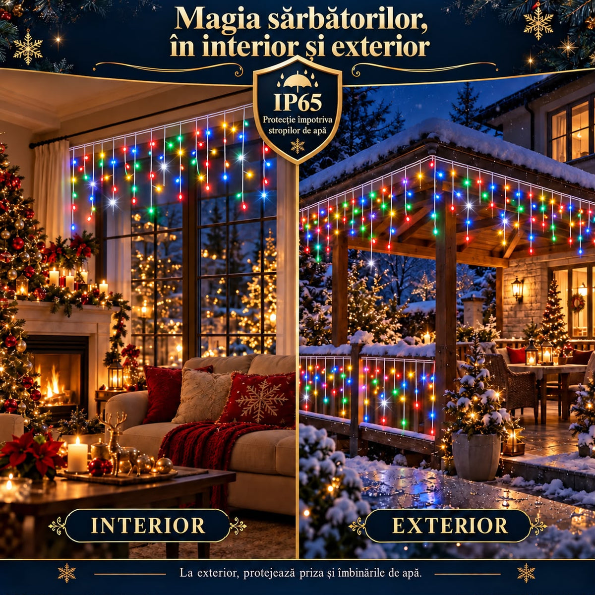 Instalatie de Craciun tip Turturi Flash, Multicolori cu Flash Alb Rece, 12 m, 300 LED-uri, Franjuri 50/60/70 cm, Fir Alb Gros 2.0, Interconectabili, IP65, Interior/Exterior