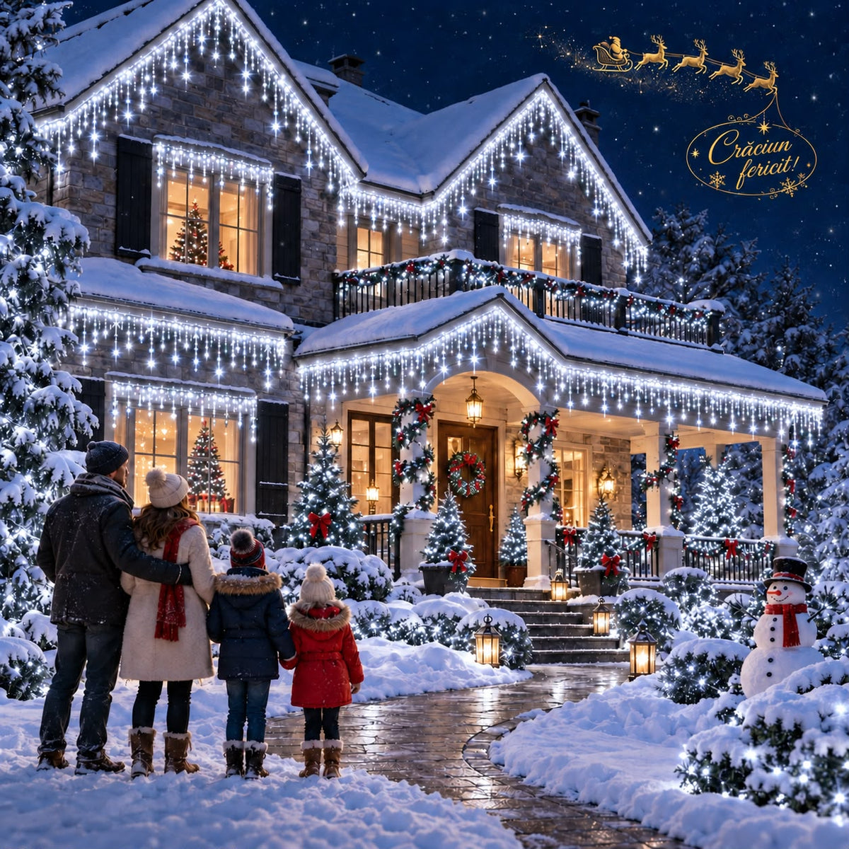 Instalatie de Craciun tip Turturi Flash, Alb Rece cu Flash Alb rece, 12 m, 300 LED-uri, Franjuri 50/60/70 cm, Fir Alb Gros 2.0, Interconectabili, IP65, Interior/Exterior