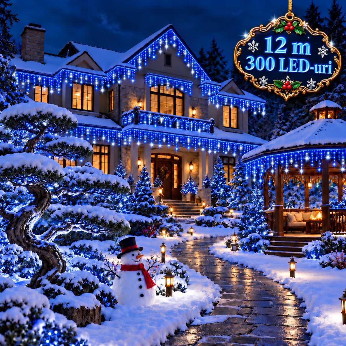 Instalatie de Craciun tip Turturi Flash, Albastri cu Flash Alb Rece, 12 m, 300 LED-uri, Franjuri 50/60/70 cm, Fir Alb Gros 2.0, Interconectabili, IP65, Interior/Exterior