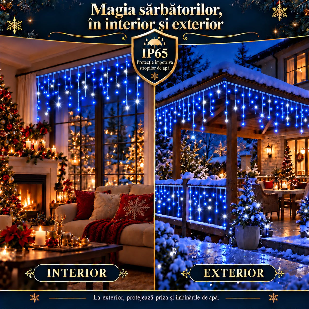 Instalatie de Craciun tip Turturi Flash, Albastri cu Flash Alb Rece, 12 m, 300 LED-uri, Franjuri 50/60/70 cm, Fir Alb Gros 2.0, Interconectabili, IP65, Interior/Exterior