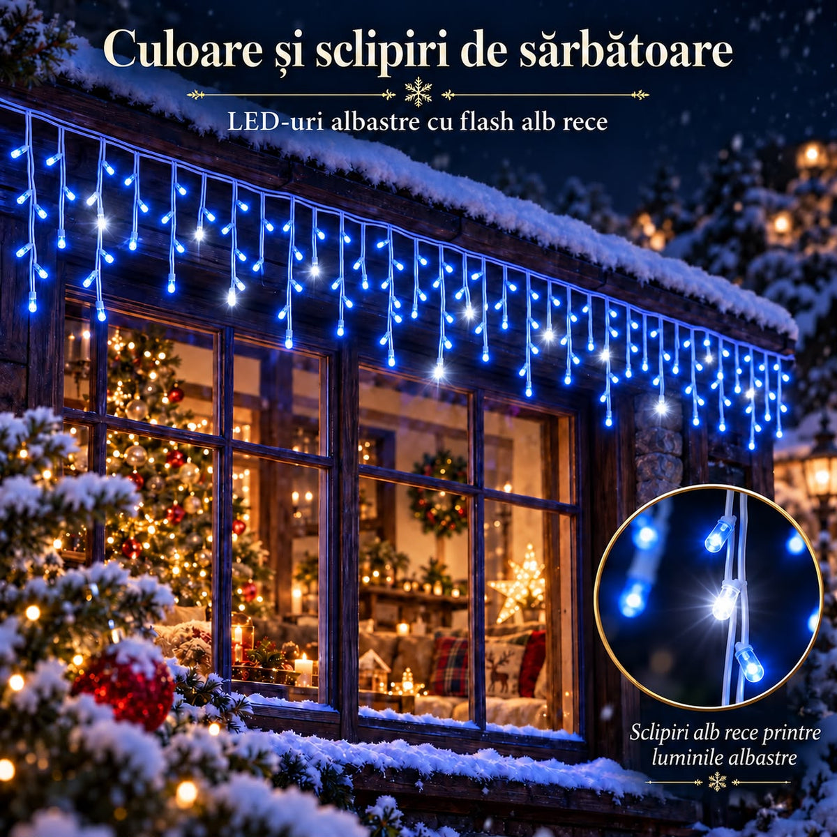 Instalatie de Craciun tip Turturi Flash, Albastri cu Flash Alb Rece, 12 m, 300 LED-uri, Franjuri 50/60/70 cm, Fir Alb Gros 2.0, Interconectabili, IP65, Interior/Exterior