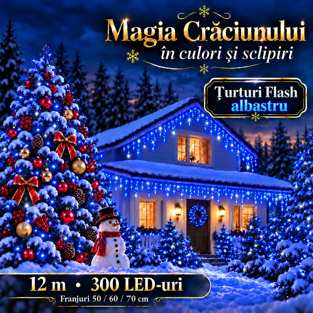 Instalatie de Craciun tip Turturi Flash, Albastri cu Flash Alb Rece, 12 m, 300 LED-uri, Franjuri 50/60/70 cm, Fir Alb Gros 2.0, Interconectabili, IP65, Interior/Exterior