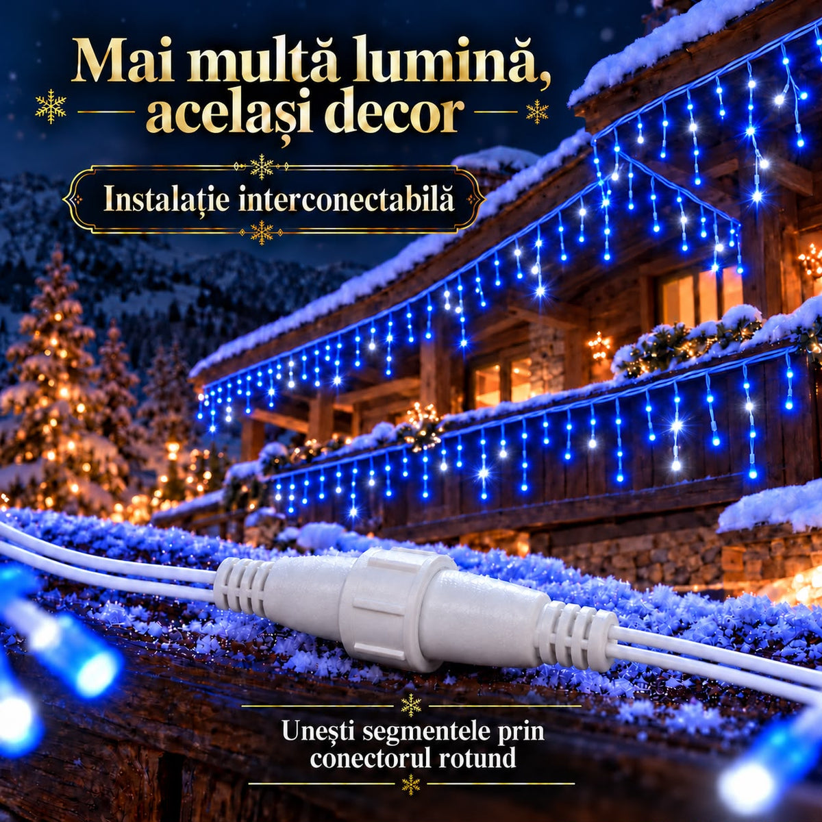 Instalatie de Craciun tip Turturi Flash, Albastri cu Flash Alb Rece, 12 m, 300 LED-uri, Franjuri 50/60/70 cm, Fir Alb Gros 2.0, Interconectabili, IP65, Interior/Exterior