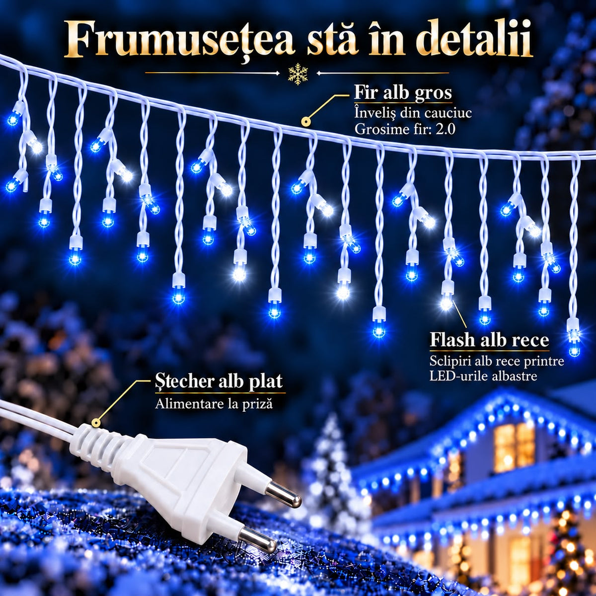 Instalatie de Craciun tip Turturi Flash, Albastri cu Flash Alb Rece, 12 m, 300 LED-uri, Franjuri 50/60/70 cm, Fir Alb Gros 2.0, Interconectabili, IP65, Interior/Exterior
