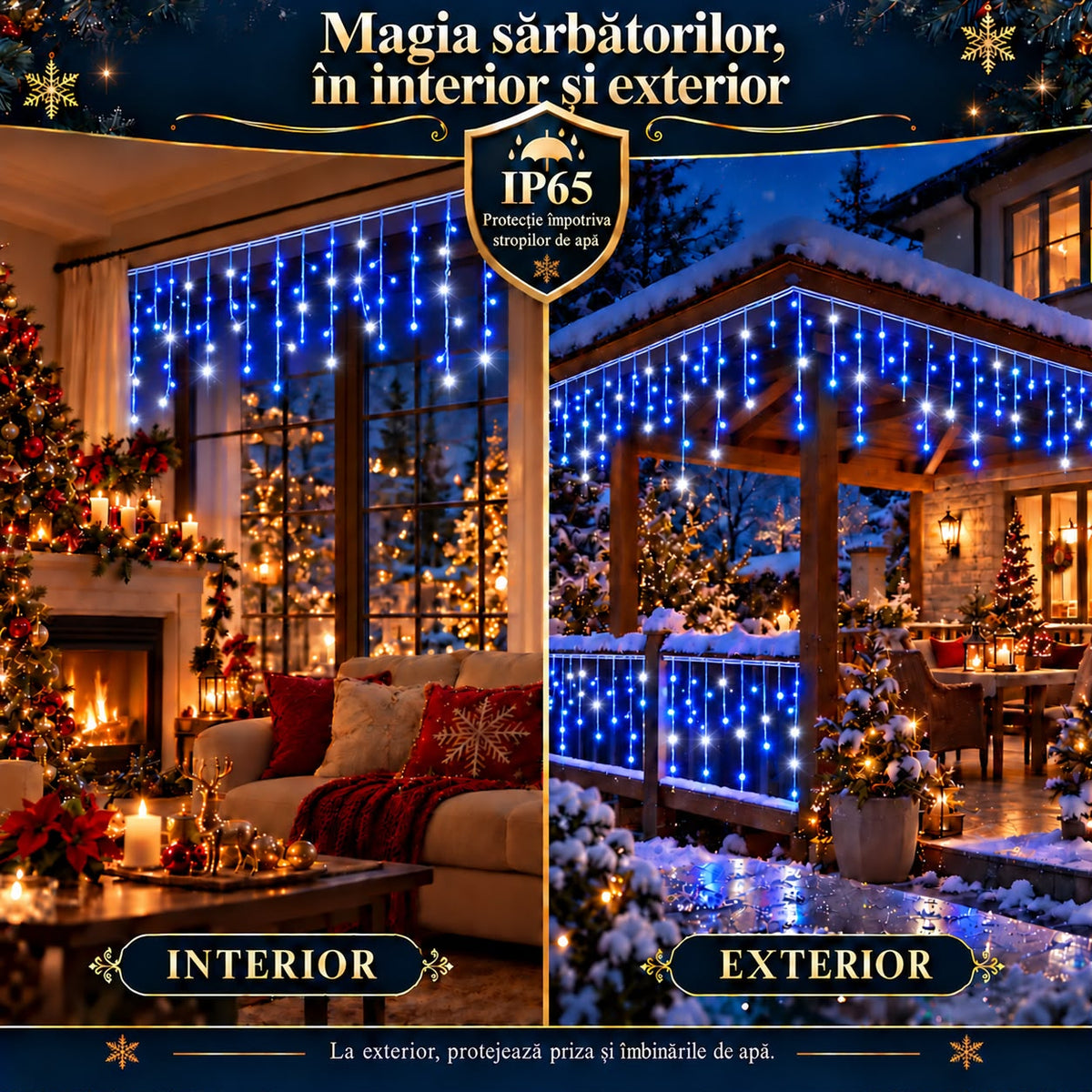Instalatie de Craciun tip Turturi Flash, Albastri cu Flash Alb Rece, 50 m, 1000 LED-uri, Franjuri 50/60/70 cm, Fir Alb Gros 2.0, Interconectabili, IP65, Interior/Exterior