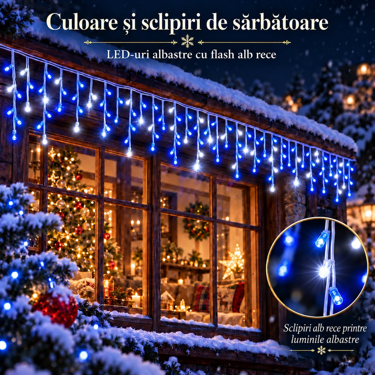 Instalatie de Craciun tip Turturi Flash, Albastri cu Flash Alb Rece, 50 m, 1000 LED-uri, Franjuri 50/60/70 cm, Fir Alb Gros 2.0, Interconectabili, IP65, Interior/Exterior