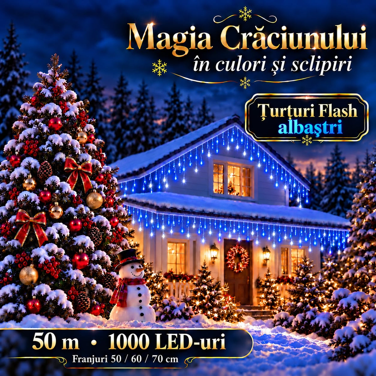 Instalatie de Craciun tip Turturi Flash, Albastri cu Flash Alb Rece, 50 m, 1000 LED-uri, Franjuri 50/60/70 cm, Fir Alb Gros 2.0, Interconectabili, IP65, Interior/Exterior