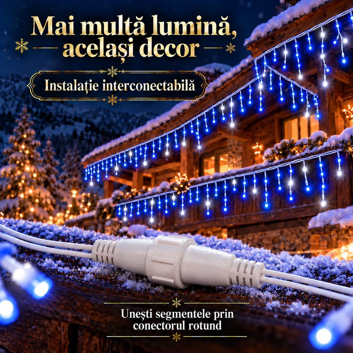 Instalatie de Craciun tip Turturi Flash, Albastri cu Flash Alb Rece, 50 m, 1000 LED-uri, Franjuri 50/60/70 cm, Fir Alb Gros 2.0, Interconectabili, IP65, Interior/Exterior