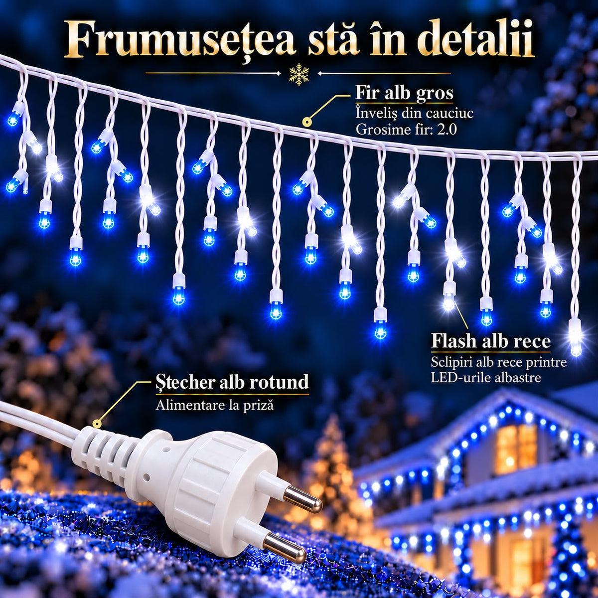 Instalatie de Craciun tip Turturi Flash, Albastri cu Flash Alb Rece, 50 m, 1000 LED-uri, Franjuri 50/60/70 cm, Fir Alb Gros 2.0, Interconectabili, IP65, Interior/Exterior