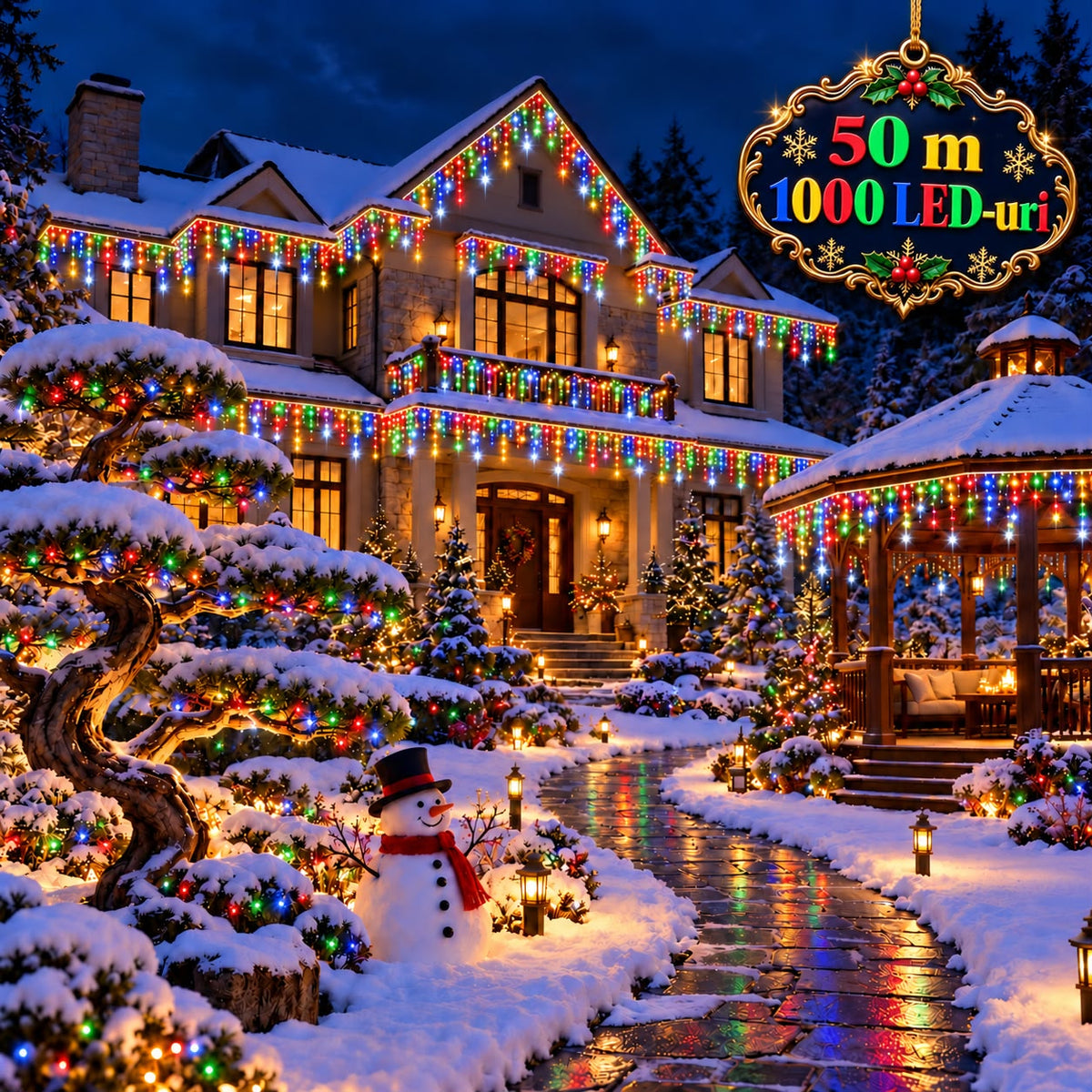 Instalatie de Craciun tip Turturi Flash, Multicolori cu Flash Alb Rece, 50 m, 1000 LED-uri, Franjuri 50/60/70 cm, Fir Alb Gros 2.0, Interconectabili, IP65, Interior/Exterior