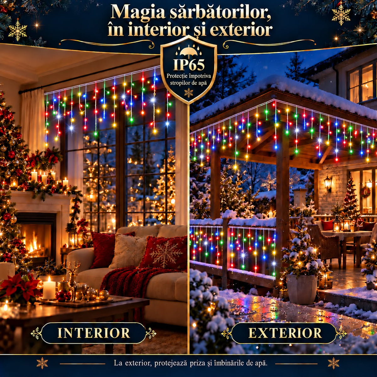 Instalatie de Craciun tip Turturi Flash, Multicolori cu Flash Alb Rece, 50 m, 1000 LED-uri, Franjuri 50/60/70 cm, Fir Alb Gros 2.0, Interconectabili, IP65, Interior/Exterior