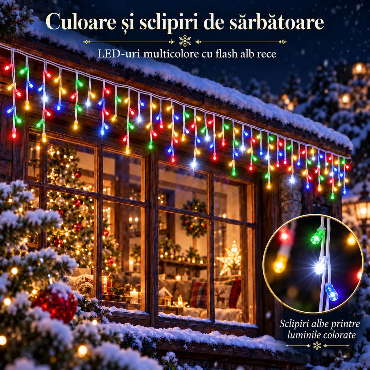 Instalatie de Craciun tip Turturi Flash, Multicolori cu Flash Alb Rece, 50 m, 1000 LED-uri, Franjuri 50/60/70 cm, Fir Alb Gros 2.0, Interconectabili, IP65, Interior/Exterior