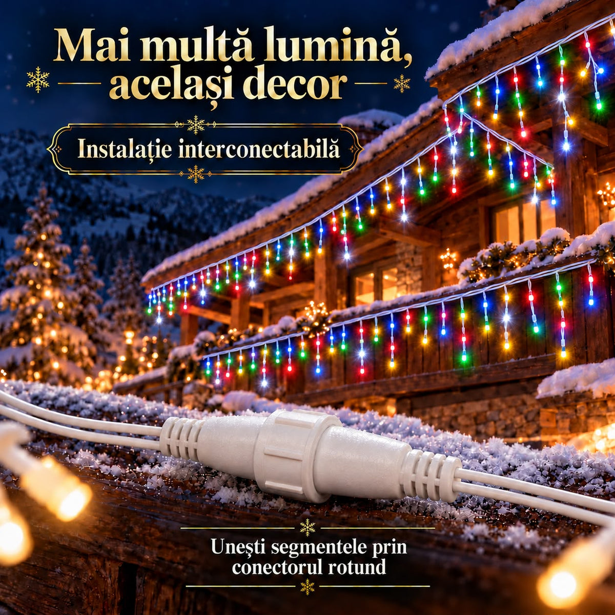 Instalatie de Craciun tip Turturi Flash, Multicolori cu Flash Alb Rece, 50 m, 1000 LED-uri, Franjuri 50/60/70 cm, Fir Alb Gros 2.0, Interconectabili, IP65, Interior/Exterior