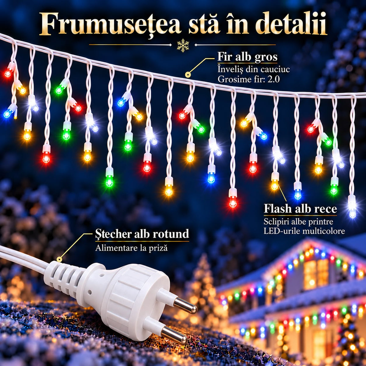 Instalatie de Craciun tip Turturi Flash, Multicolori cu Flash Alb Rece, 50 m, 1000 LED-uri, Franjuri 50/60/70 cm, Fir Alb Gros 2.0, Interconectabili, IP65, Interior/Exterior