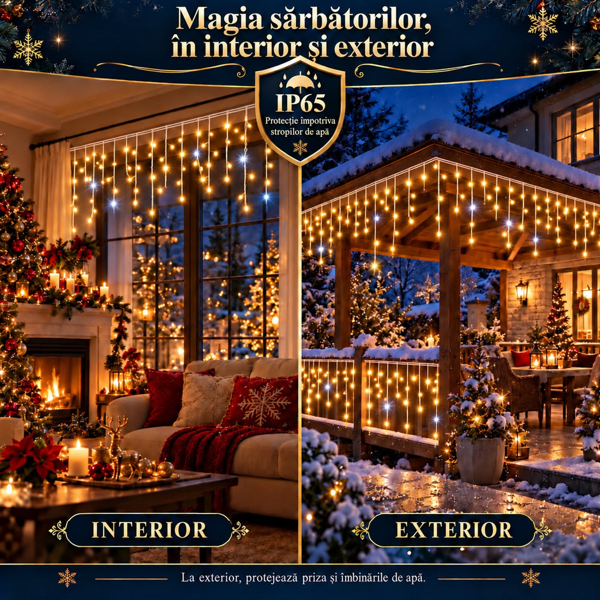 Instalatie de Craciun tip Turturi Flash, Alb Cald cu Flash Alb Rece, 12 m, 300 LED-uri, Franjuri 50/60/70 cm, Fir Alb Gros 2.0, Interconectabili, IP65, Interior/Exterior