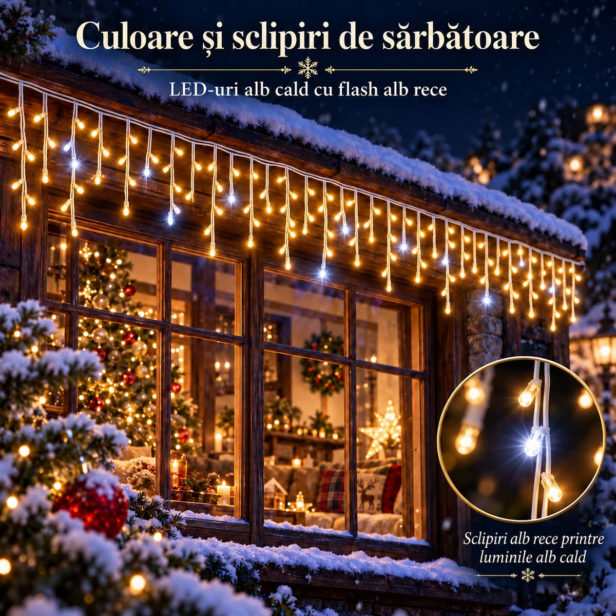 Instalatie de Craciun tip Turturi Flash, Alb Cald cu Flash Alb Rece, 12 m, 300 LED-uri, Franjuri 50/60/70 cm, Fir Alb Gros 2.0, Interconectabili, IP65, Interior/Exterior