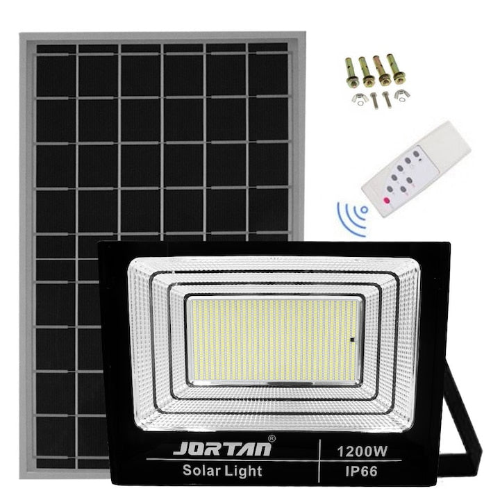 Proiector Solar LED 1200W JORTAN Exterior cu Panou Solar Extern, Telecomandă, Lumină Alb Rece 6500K, IP66 Rezistent la Apă și Praf, Fără Consum Electric, Ideal pentru Curte, Alee, Garaj și Parcare