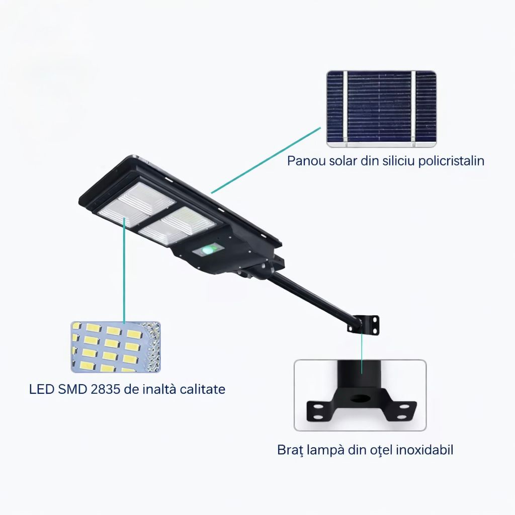 Lampa Solara Stradala 200W JORTAN cu 140 LED SMD, Panou Solar Integrat, Acumulator Intern Reincarcabil, Telecomanda pentru Controlul Lampii, Iluminare Alb Rece, Senzor de Miscare, Autonomie pana la 8h, Montaj pe Stalp sau Perete, Protectie IP65