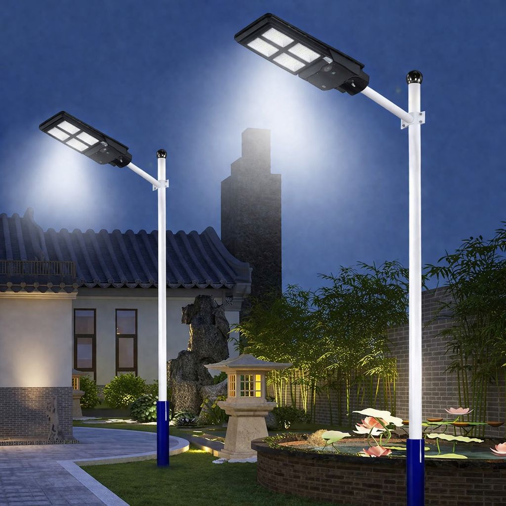 Lampa Solara Stradala 200W JORTAN cu 140 LED SMD, Panou Solar Integrat, Acumulator Intern Reincarcabil, Telecomanda pentru Controlul Lampii, Iluminare Alb Rece, Senzor de Miscare, Autonomie pana la 8h, Montaj pe Stalp sau Perete, Protectie IP65