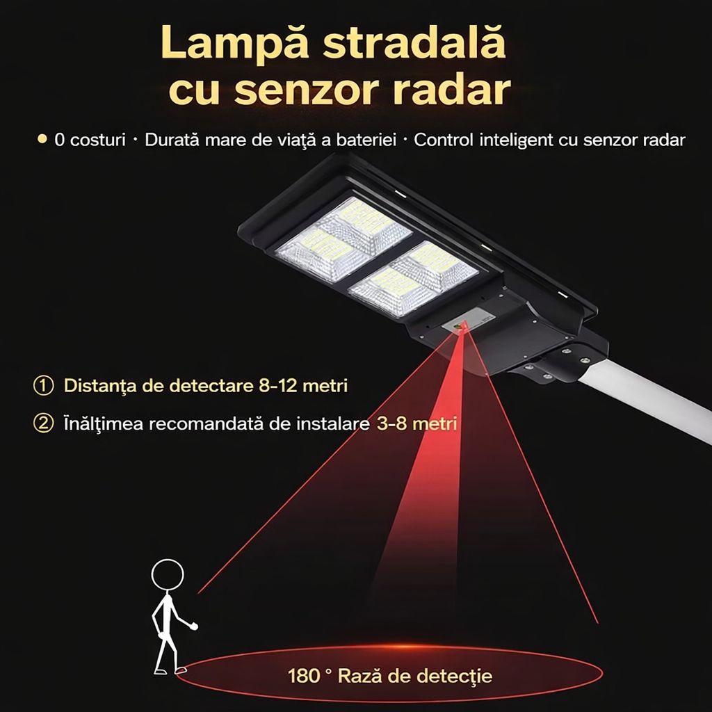 Lampa Solara Stradala 200W JORTAN cu 140 LED SMD, Panou Solar Integrat, Acumulator Intern Reincarcabil, Telecomanda pentru Controlul Lampii, Iluminare Alb Rece, Senzor de Miscare, Autonomie pana la 8h, Montaj pe Stalp sau Perete, Protectie IP65