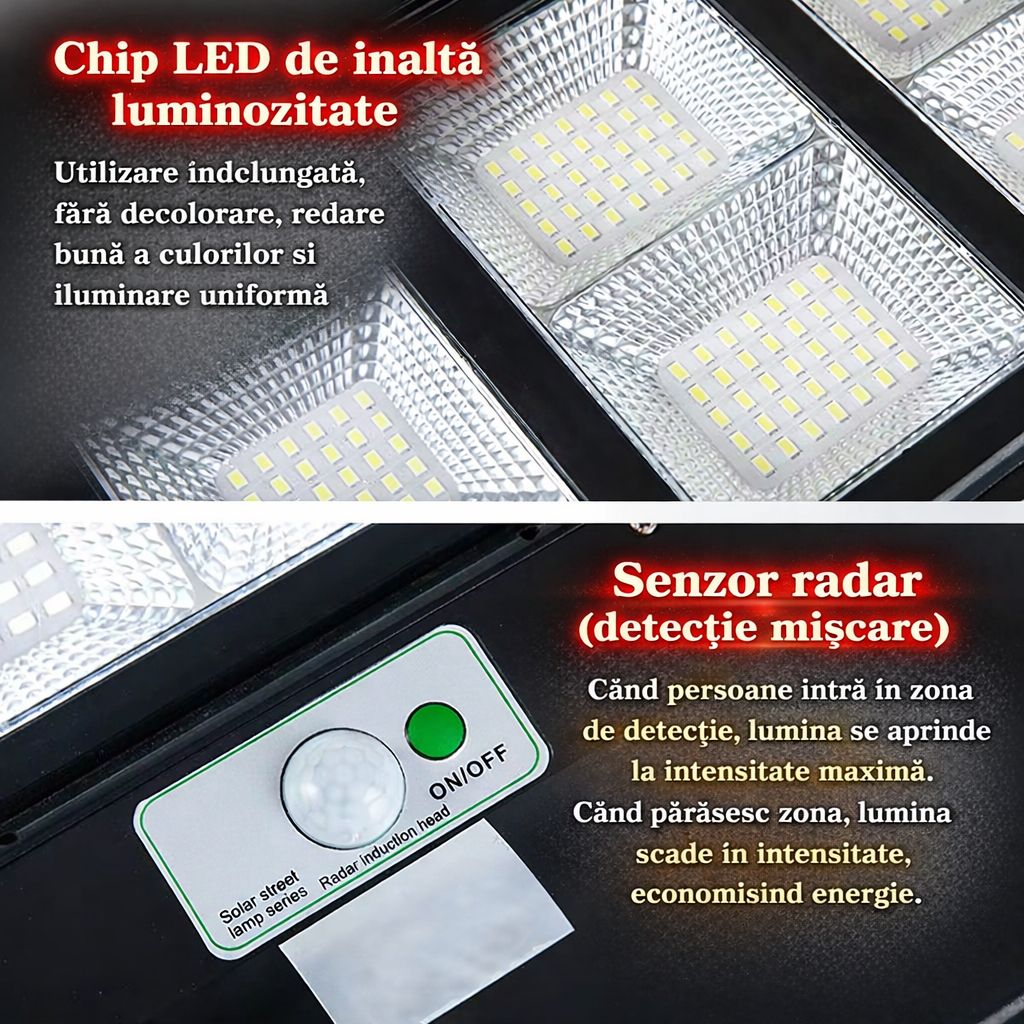 Lampa Solara Stradala 200W JORTAN cu 140 LED SMD, Panou Solar Integrat, Acumulator Intern Reincarcabil, Telecomanda pentru Controlul Lampii, Iluminare Alb Rece, Senzor de Miscare, Autonomie pana la 8h, Montaj pe Stalp sau Perete, Protectie IP65