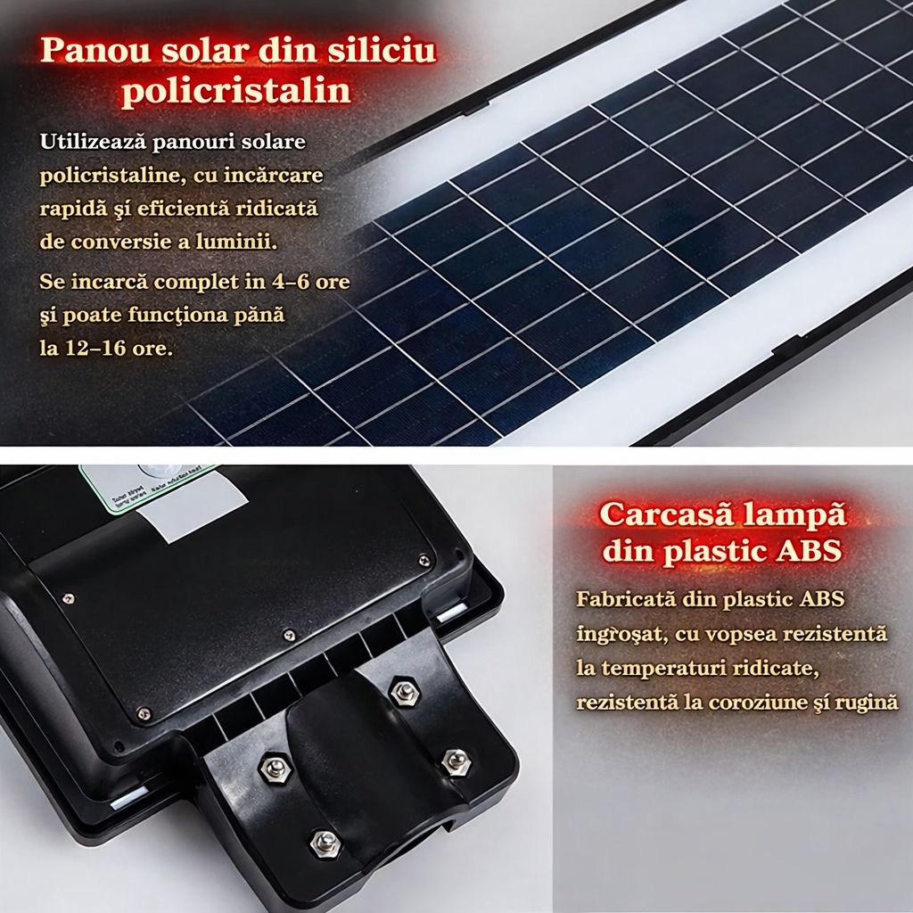 Lampa Solara Stradala 200W JORTAN cu 140 LED SMD, Panou Solar Integrat, Acumulator Intern Reincarcabil, Telecomanda pentru Controlul Lampii, Iluminare Alb Rece, Senzor de Miscare, Autonomie pana la 8h, Montaj pe Stalp sau Perete, Protectie IP65