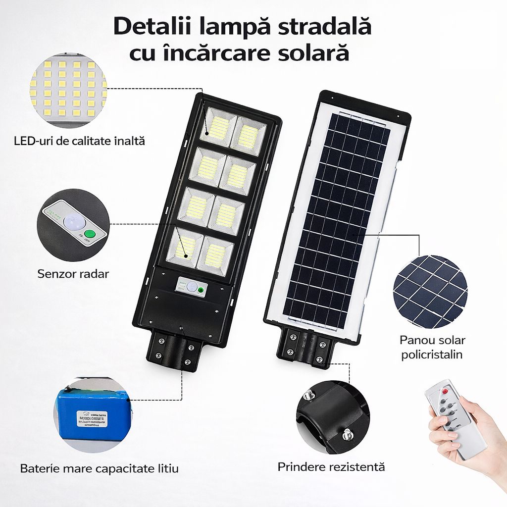 Lampa Solara Stradala 400W JORTAN cu 280 LED SMD, Panou Solar Integrat, Acumulator Intern Reincarcabil, Telecomanda pentru Controlul Lampii, Iluminare 6500K Alb Rece, Senzor de Miscare, Autonomie pana la 12h, Montaj pe Stalp sau Perete, Protectie IP65